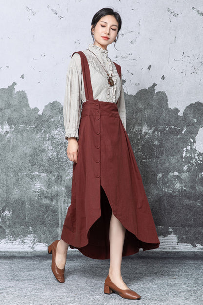 Rust Linen Midi Pinafore Dress - Asymmetric Hem with Pockets c5464