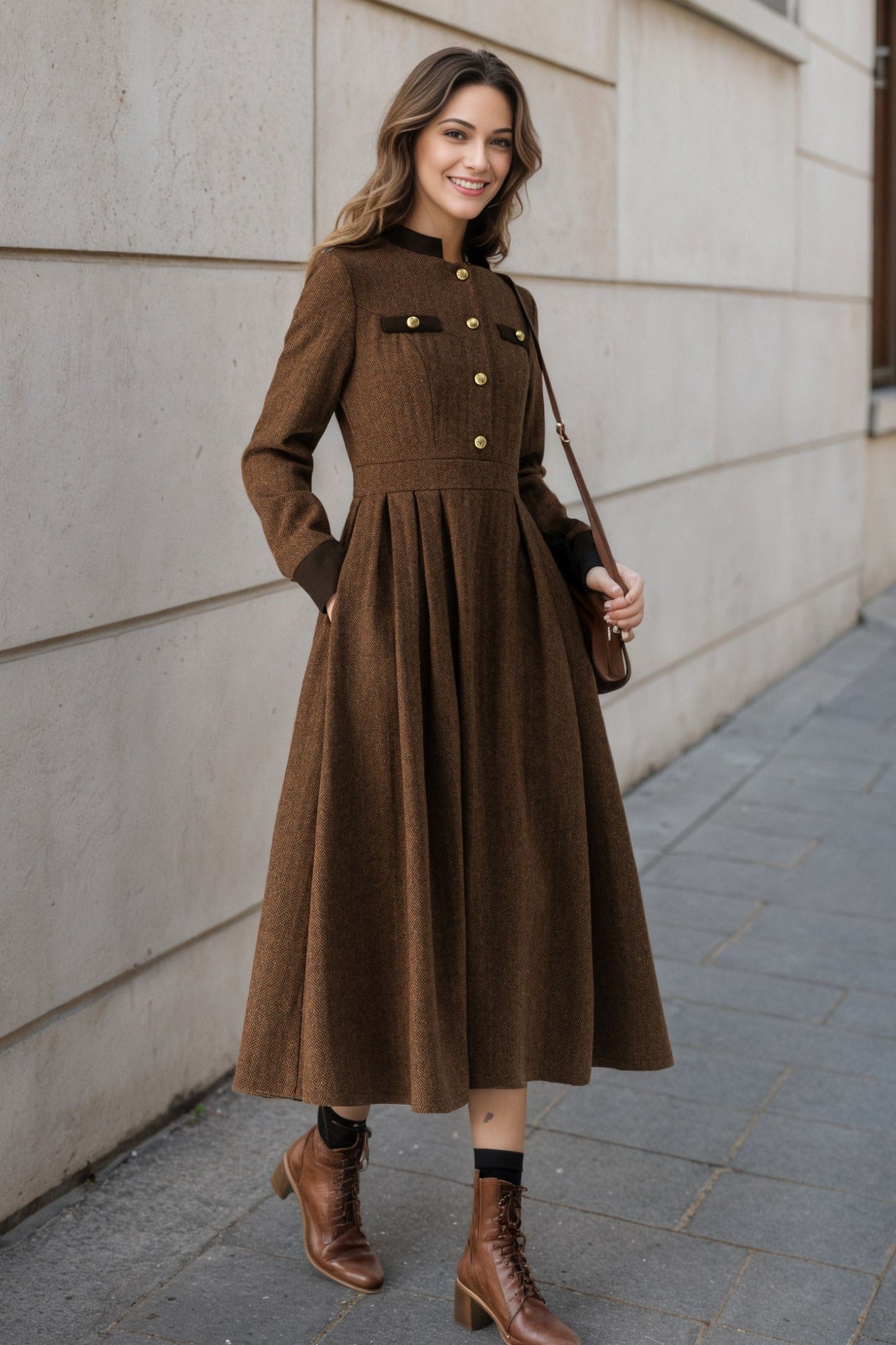 Warm Winter Military Button front Wool Dress Women C5194