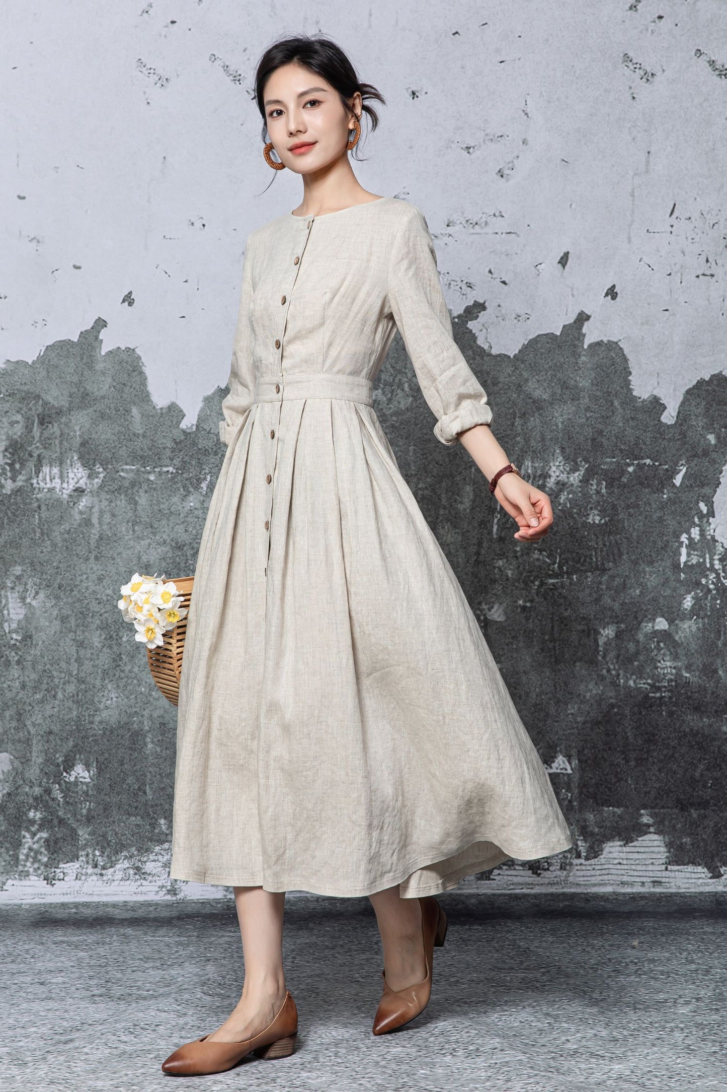 Beige Linen Midi Dress - Button Front Pleated A-Line Silhouette c5469