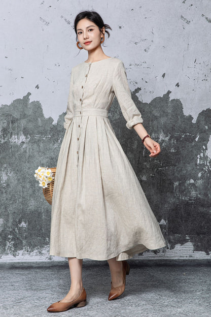 Beige Linen Midi Dress - Button Front Pleated A-Line Silhouette c5469