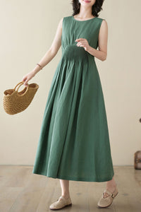 sleeveless Green maxi linen dress C3952