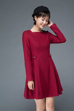 Load image into Gallery viewer, Vintage inspired burgundy short winter wool dress C1200
