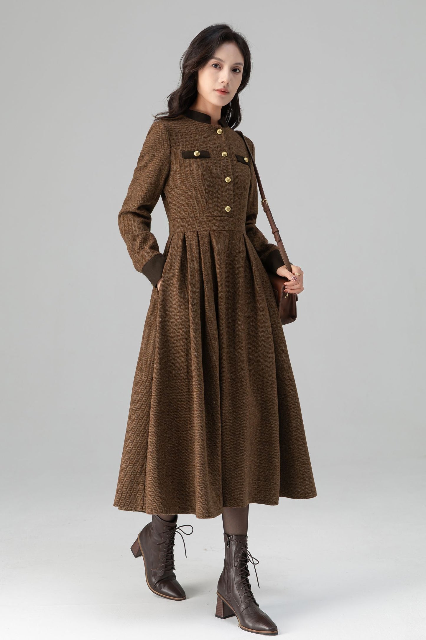 Warm Winter Military Button front Wool Dress Women C5194