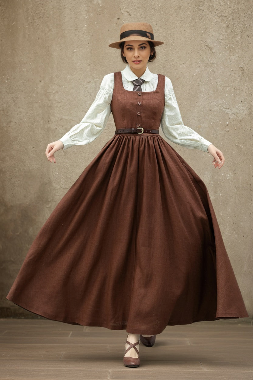 Brown linen Pinafore Maxi Dress C5363