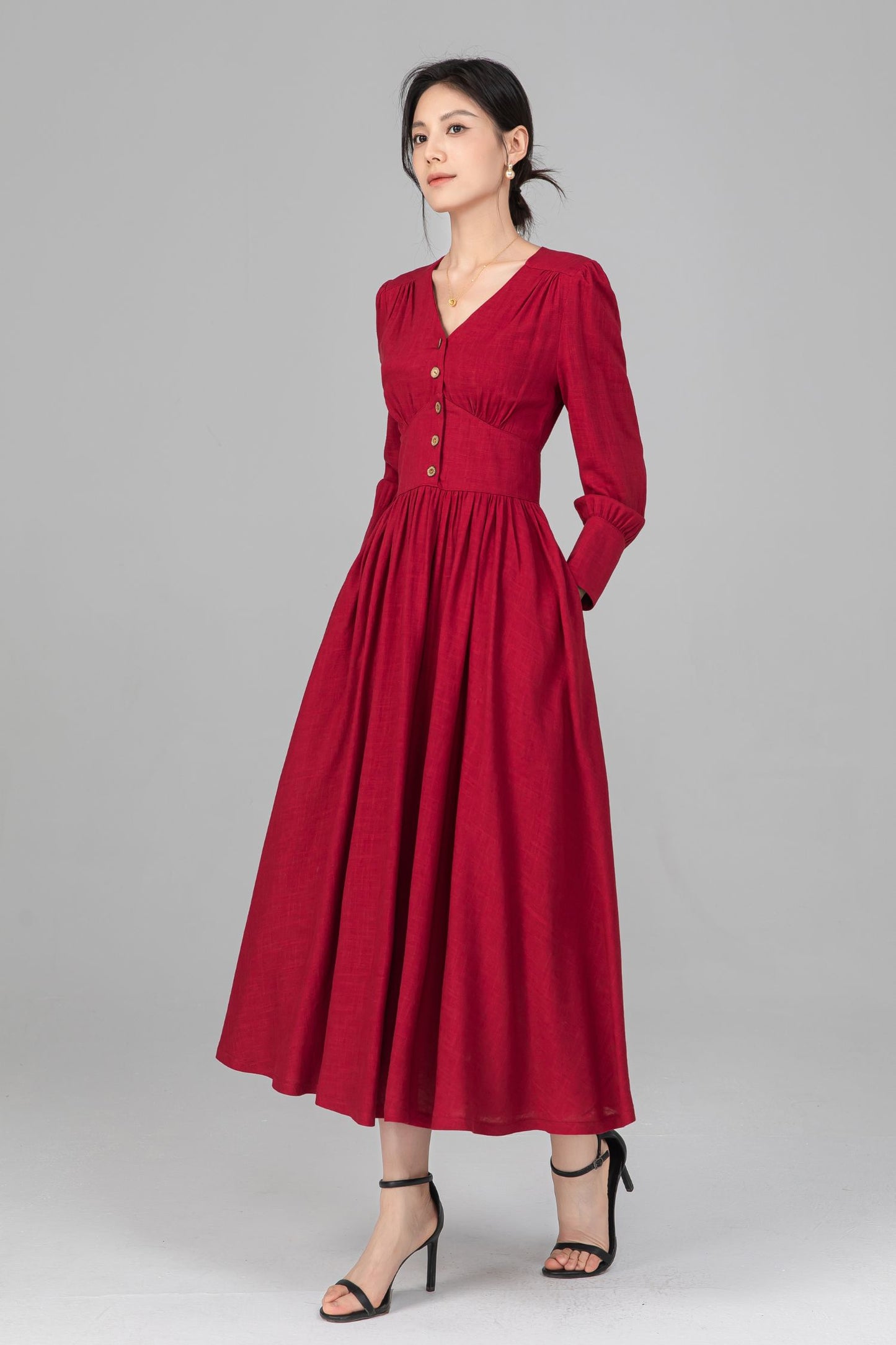 Red Linen Midi Dress - Button Front, V-Neck, Long Sleeve c5516