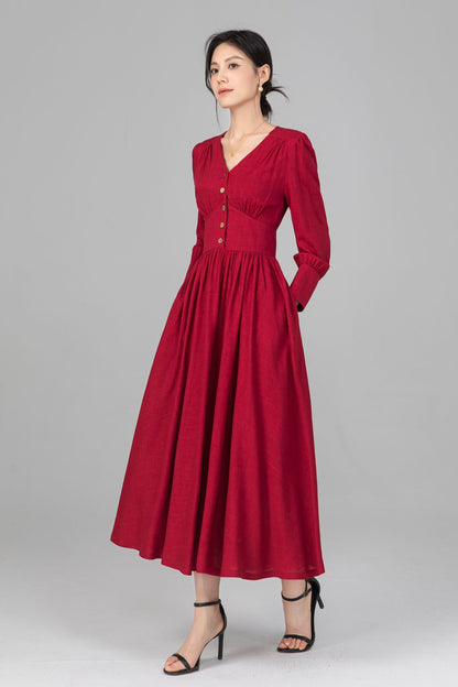 Red Linen Midi Dress - Button Front, V-Neck, Long Sleeve c5516