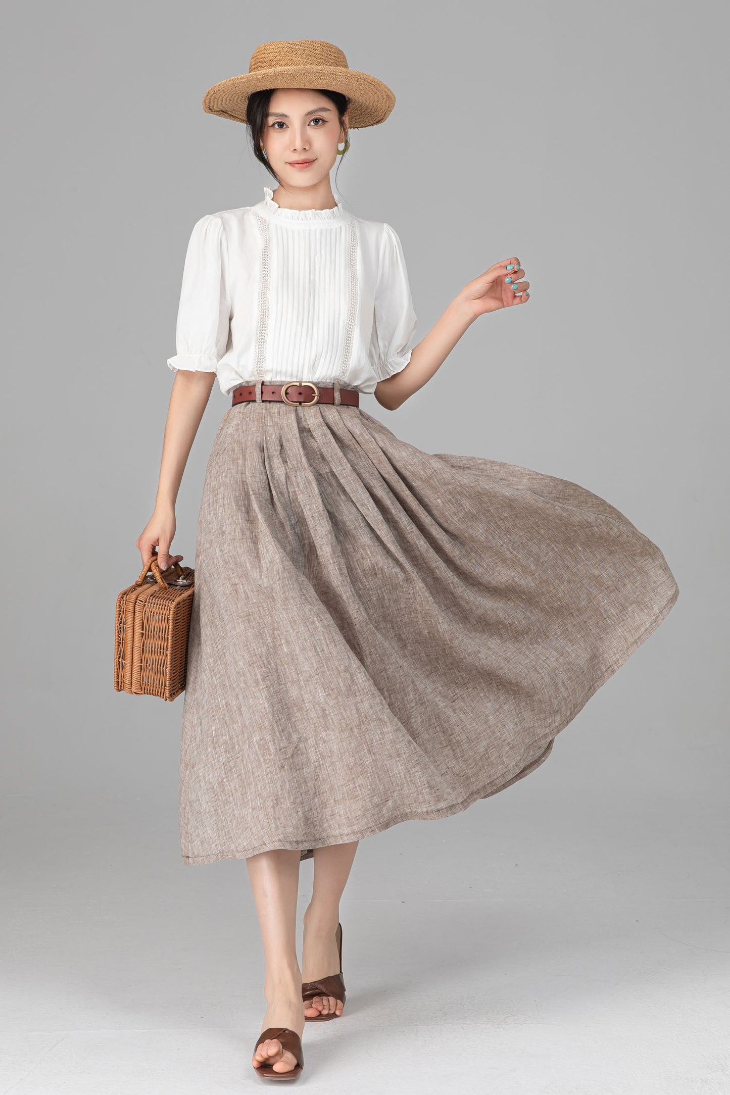 Beige Linen A-Line Midi Skirt with Pockets - Pleated & Comfortable C5520