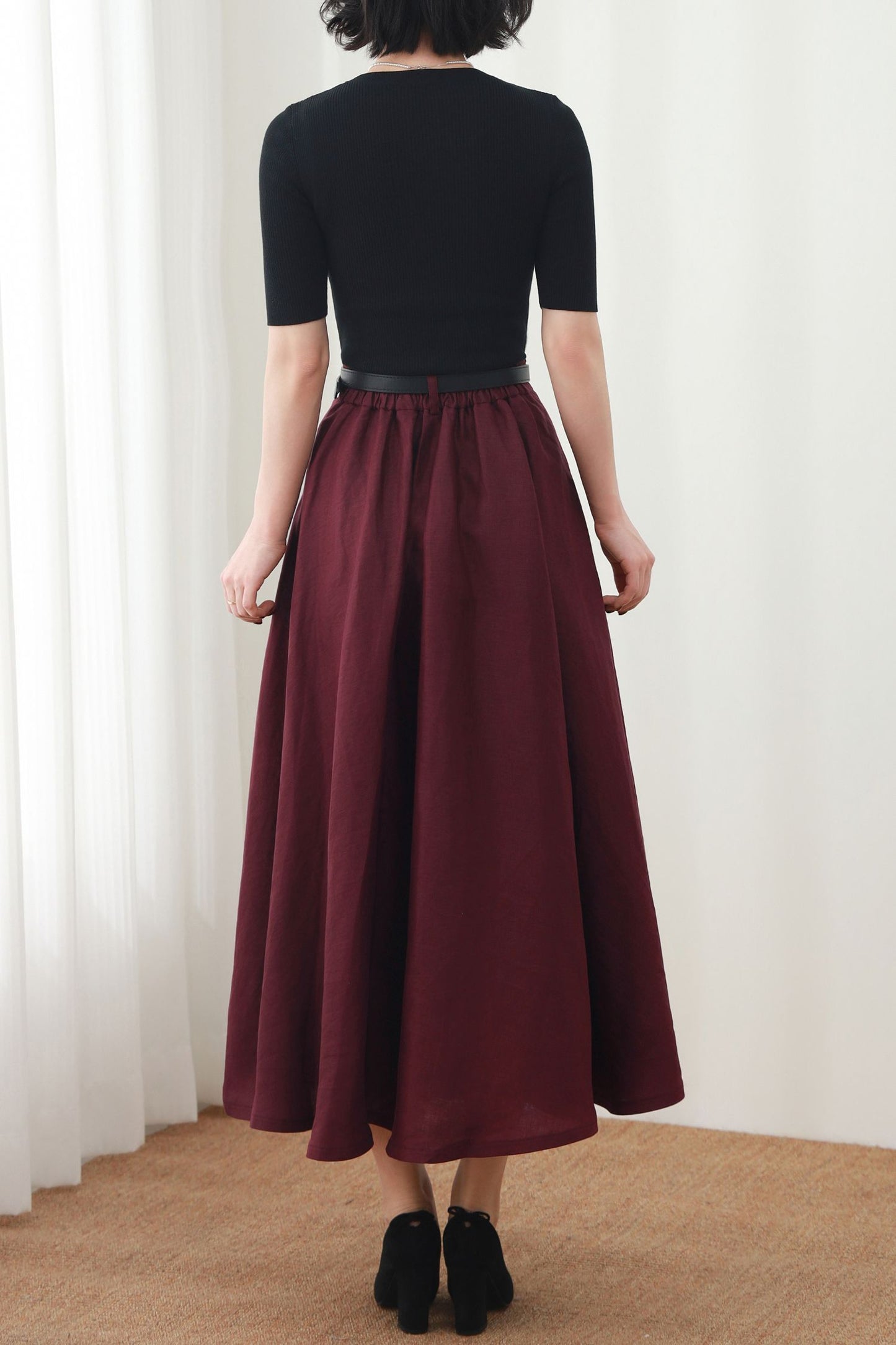 Burgundy Linen Maxi Skirt: A-Line Linen Blend Summer Skirt with Pockets, Ylistyle C5450