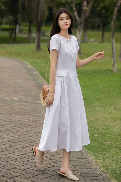 White Linen Midi Casual dress womens C4014