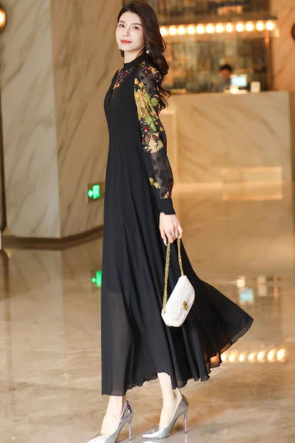 Fit and flare block color maxi chiffon dress C4929