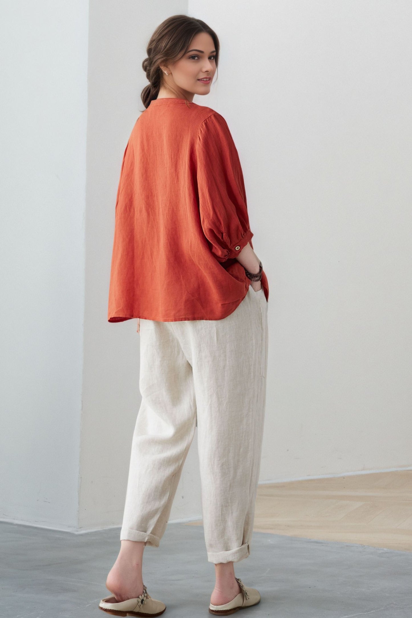 Rust Linen Blouse: Oversized 3/4 Sleeve Button-Up Relaxed Fit Top, Ylistyle C5321