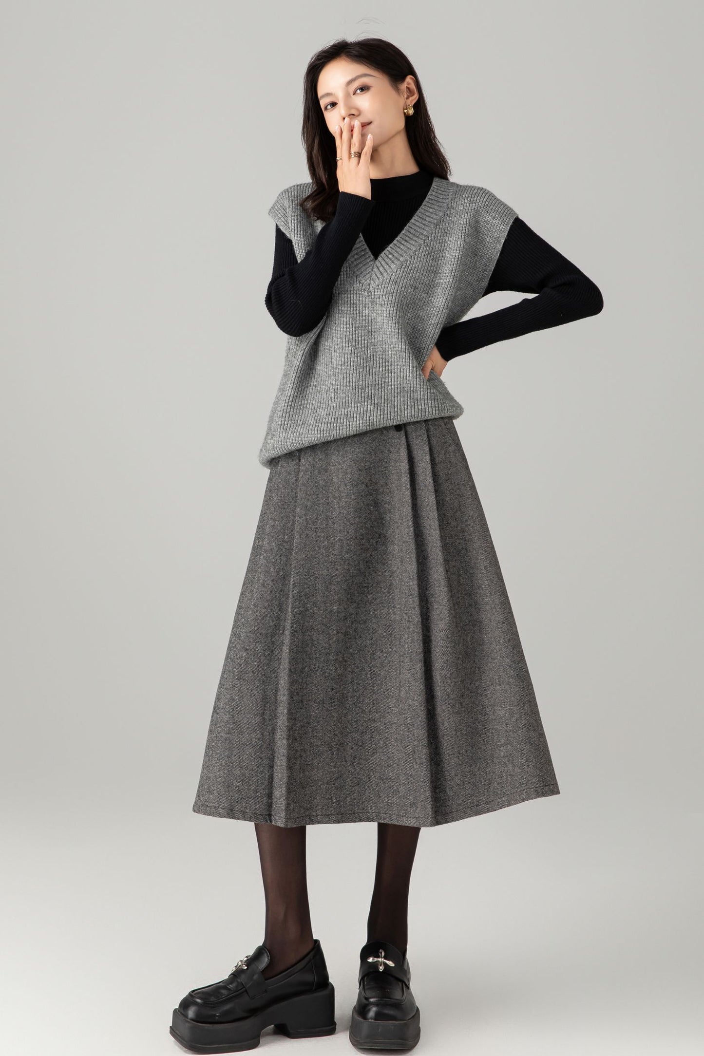 A line gray midi winter wool skirt C5277