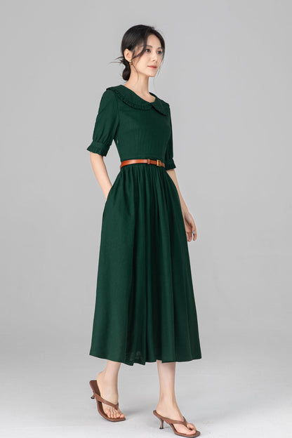 Dark Green Linen Midi Dress - Peter Pan Collar, Puff Sleeve c5515