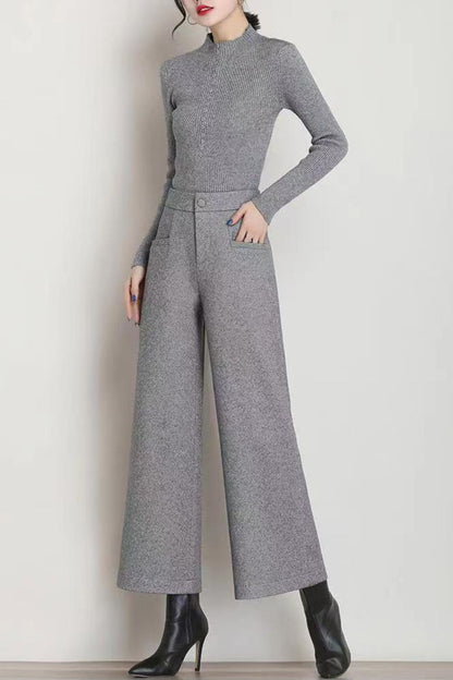 Wide leg womens wool pants with pockets c5078