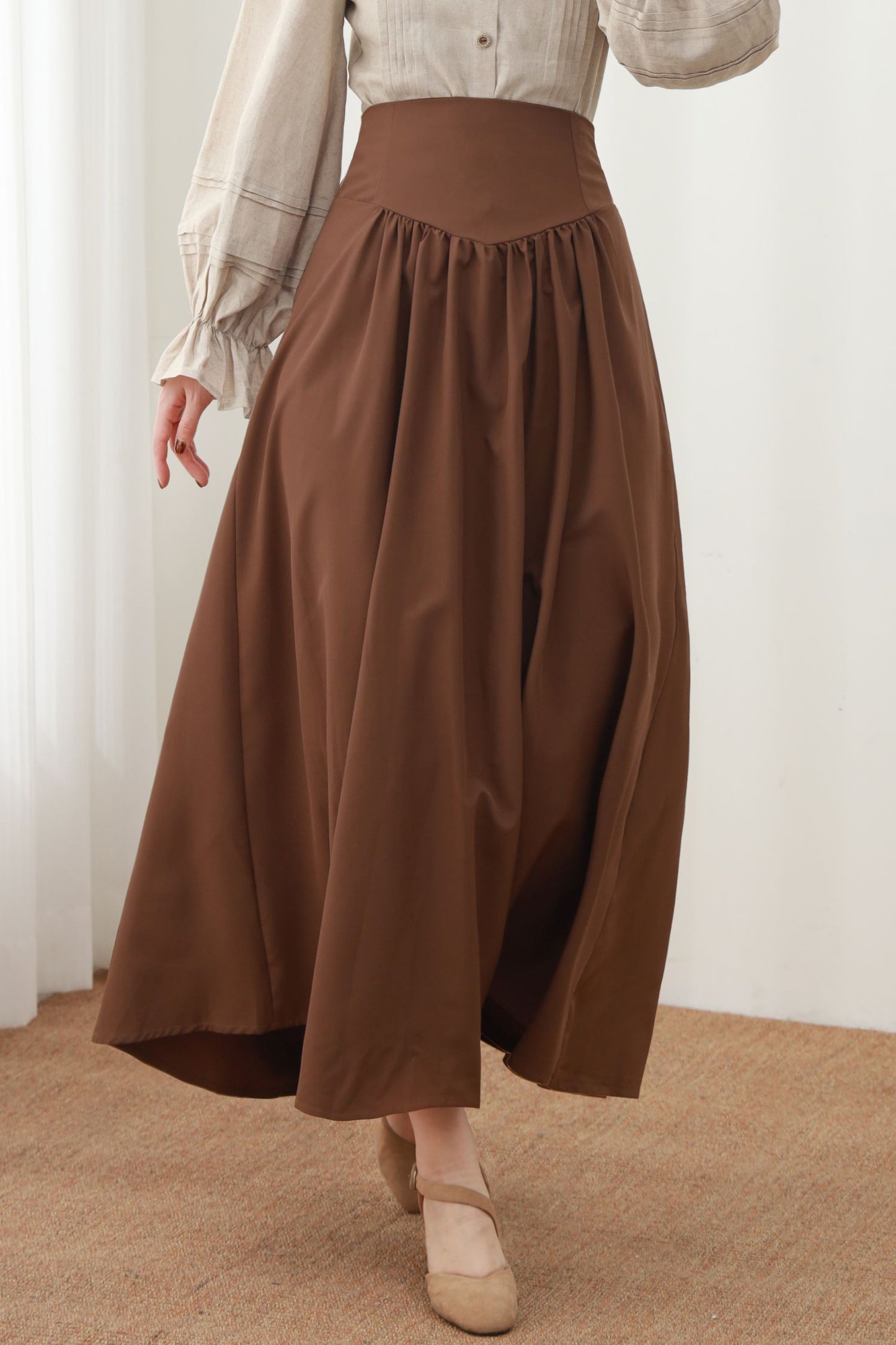 Caramel Linen Maxi Skirt - High Waist Pleated A-Line Silhouette c5452
