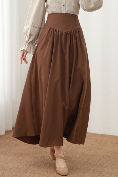 Caramel Linen Maxi Skirt - High Waist Pleated A-Line Silhouette c5452