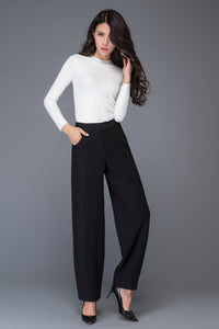 Black loose winter long wool trousers C1016