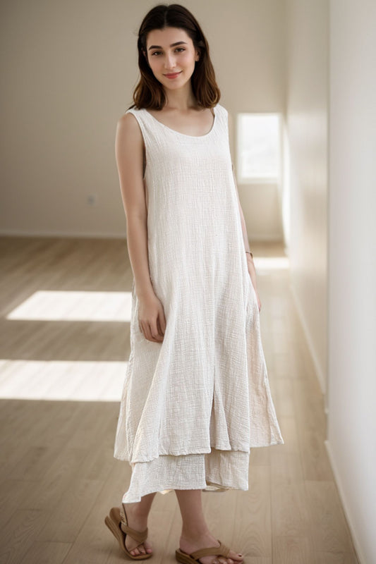 Casual sleeveless linen dress with double layerd hem C282