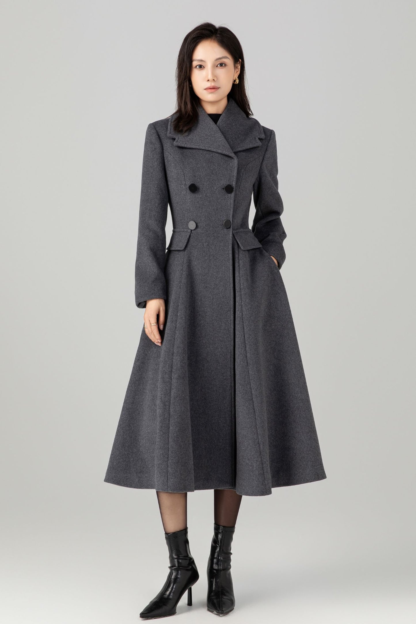Gray double breasted long wool coat C5270