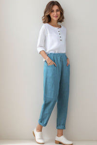 Casual Elastic Waist Cropped linen Pants C4305