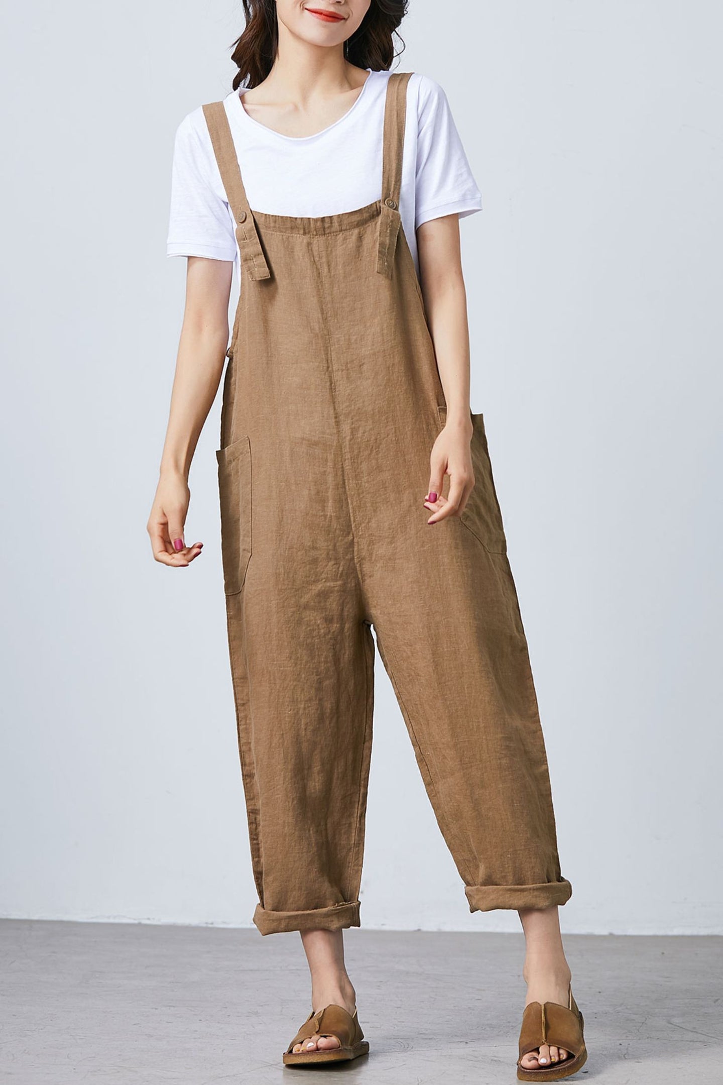 Summer brown casual adjustable linen overalls C1681
