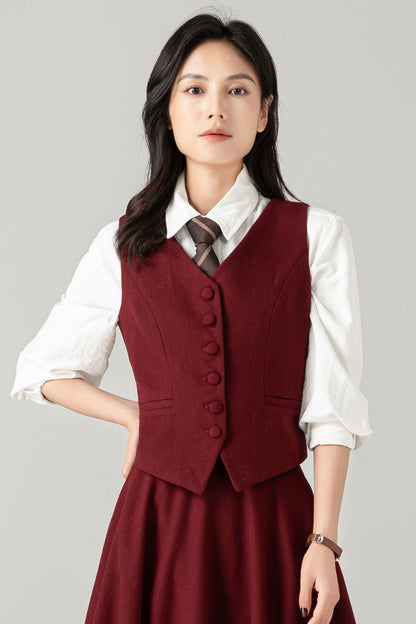 Burgundy Wool Blend Waistcoat: Vintage-Inspired Vest with Adjustable Back Tab, Ylistyle C5370