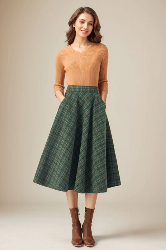 Winter Plaid Midi Wool Skirt C3686