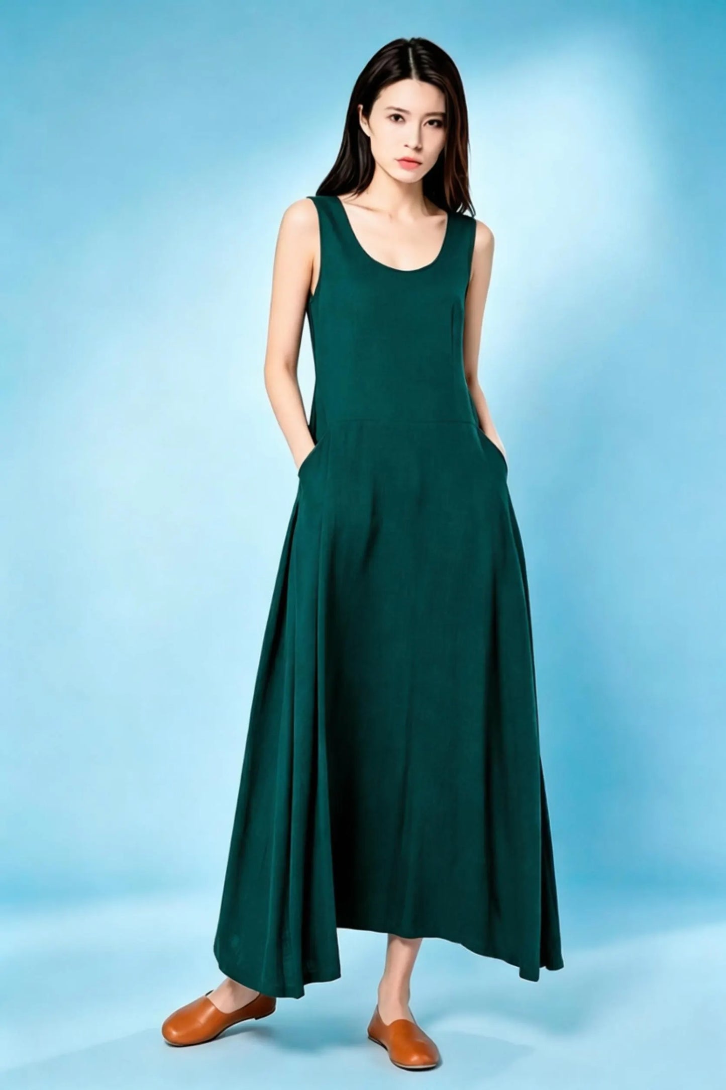 Green Cotton Linen A-Line Sleeveless Dress with Round Neck c5618