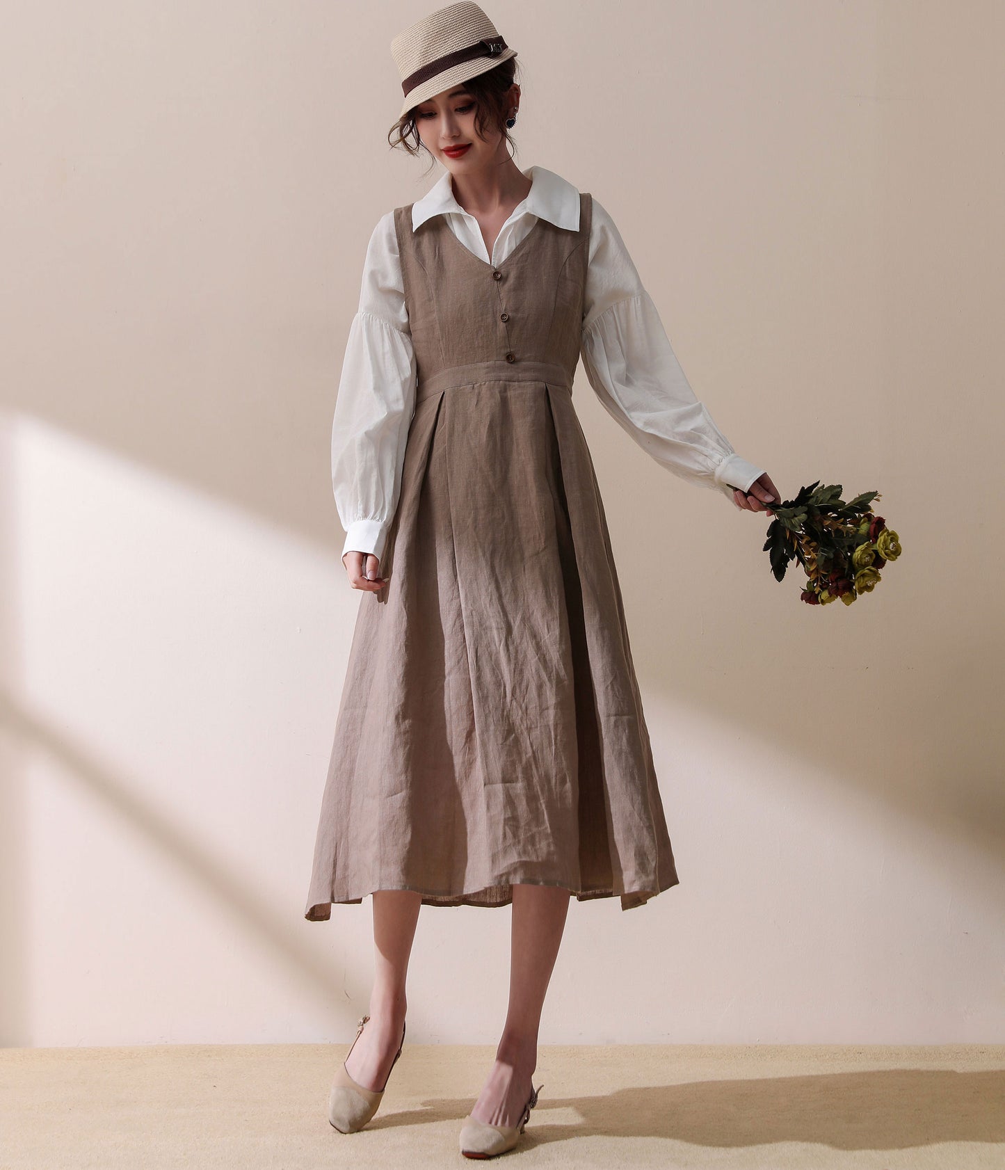 Sleeveless Pinafore Linen Dress with Button Front C1784