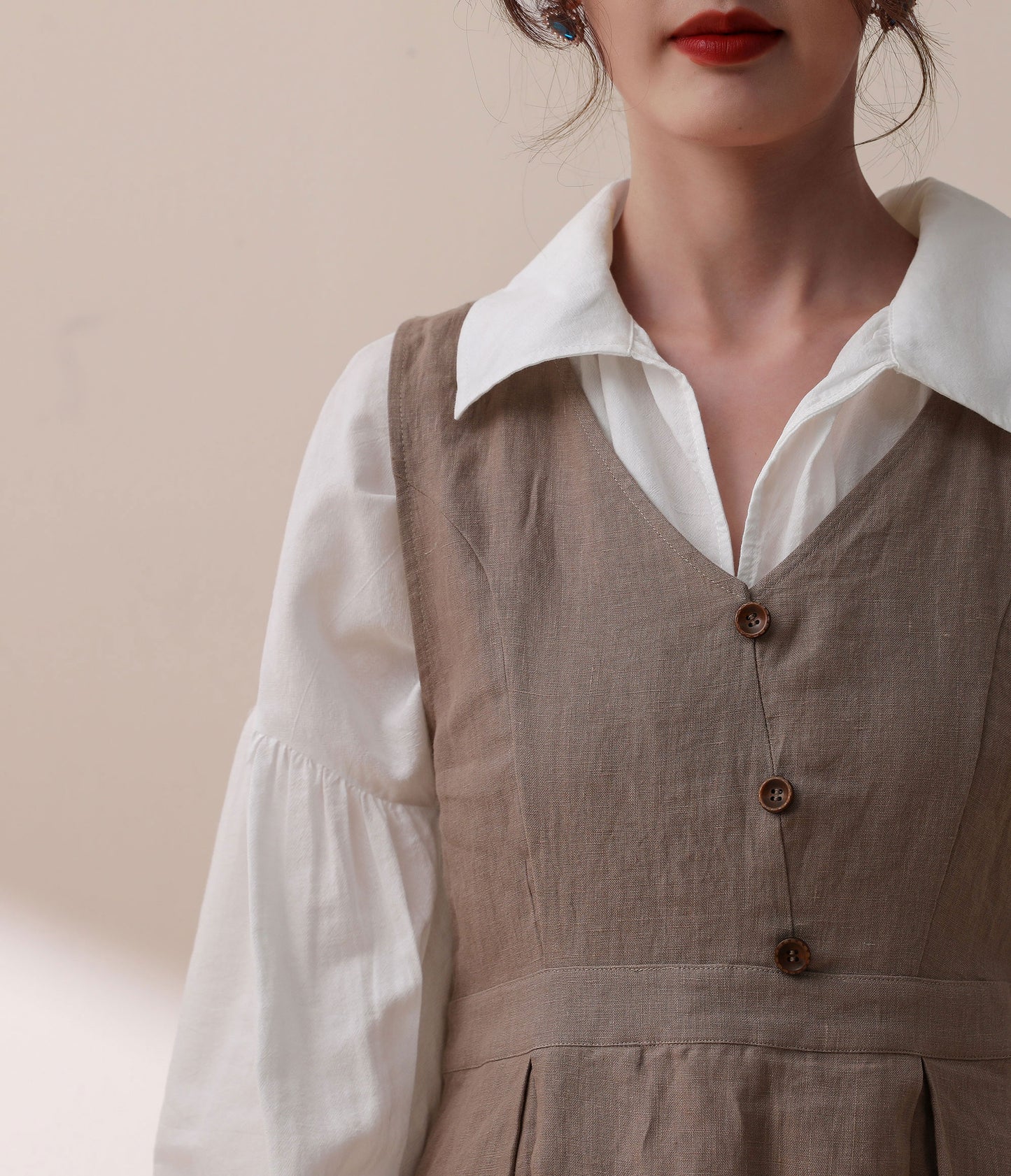 Sleeveless Pinafore Linen Dress with Button Front C1784