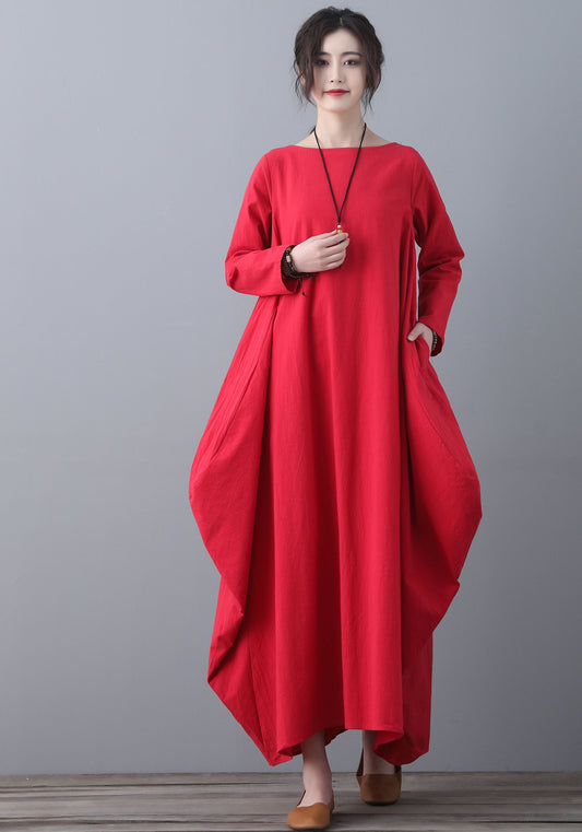 Red Kaftan long sleeves linen dress C1837