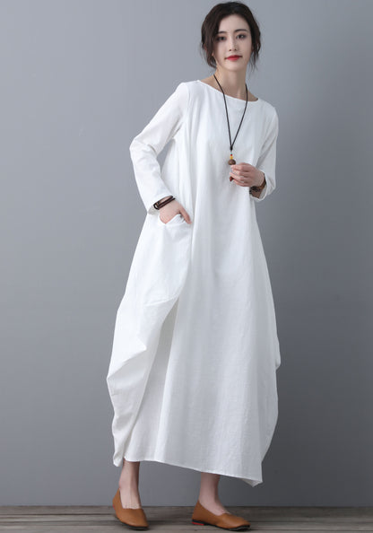 Long white loose fitting Linen dress C1860