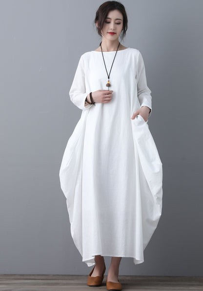 Long white loose fitting Linen dress C1860