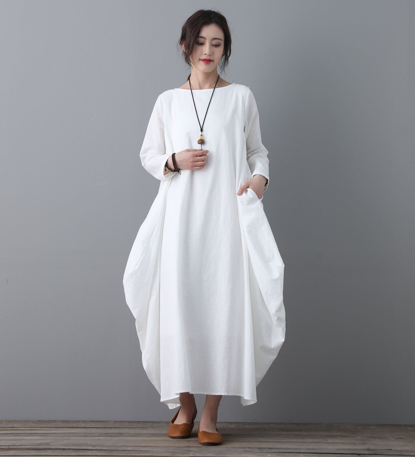 Long white loose fitting Linen dress C1860