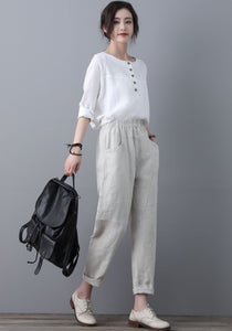 Casual Elastic Waist Cropped linen Pants C1863