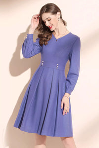 V neck purple wool winter dress for women C3463