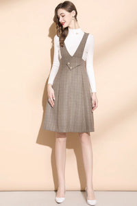 Plaid Wool Pinafore Dress, winter sleeveless woll dress C3447