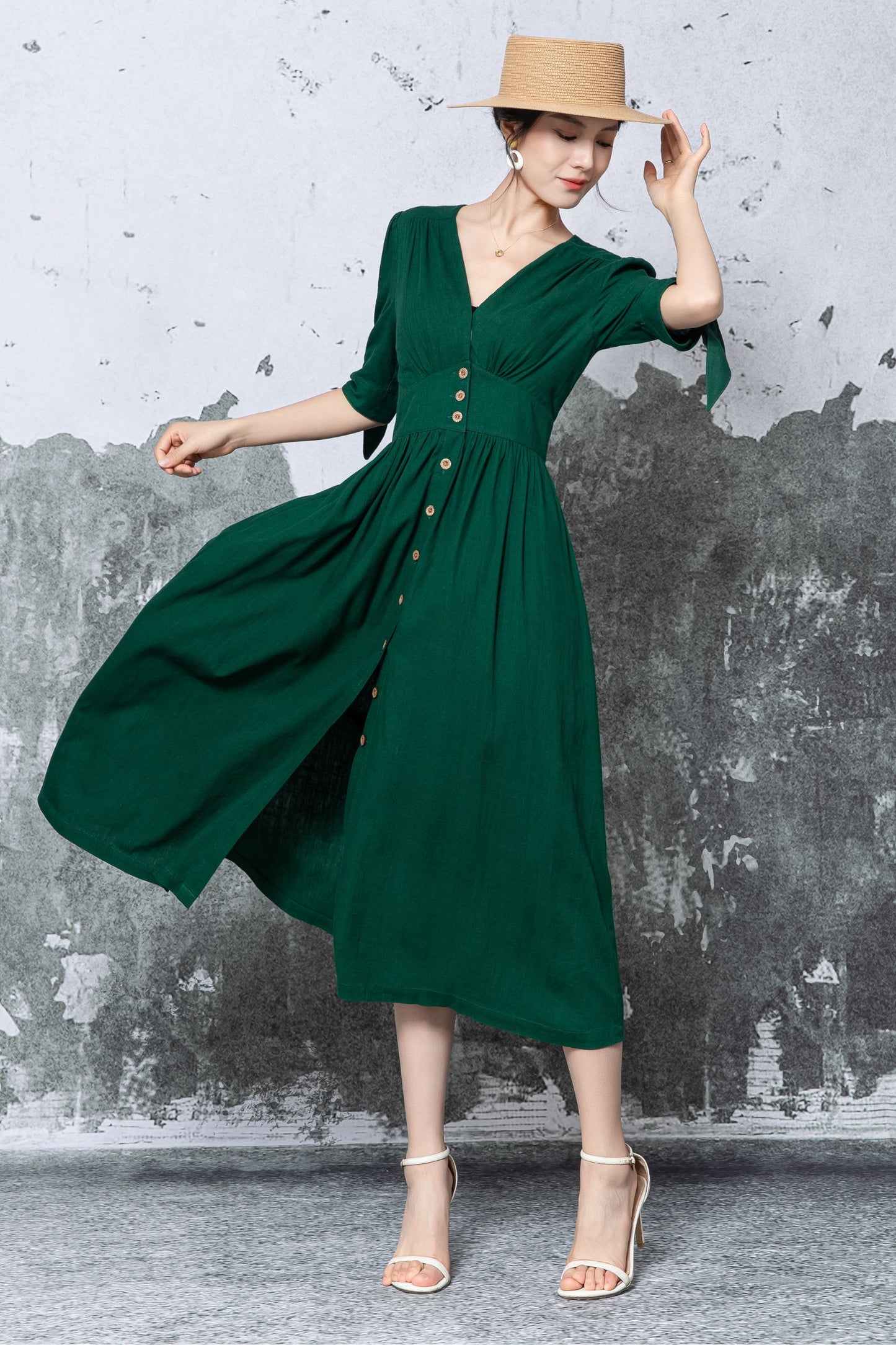 Dark Green Linen Midi Dress - V-Neck Button Front with Puff Sleeves c5473