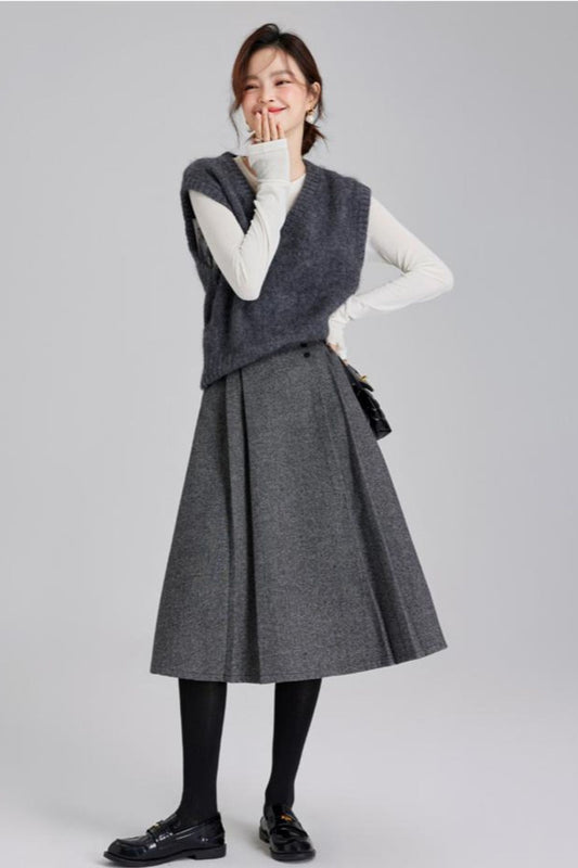 Gray midi winter wool skirt women C4456