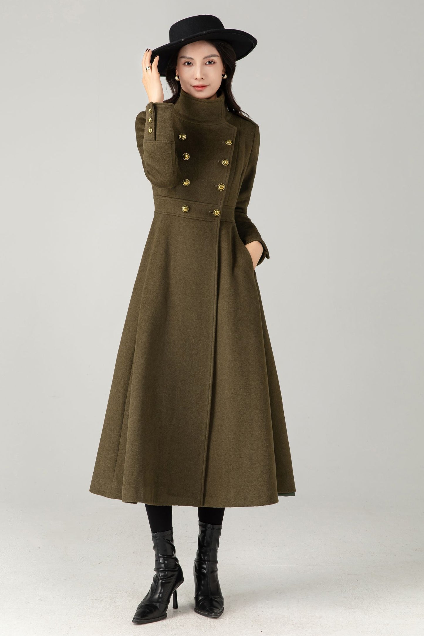 Green Wool Maxi Trench Coat: Double Breasted Long Winter Overcoat C5344