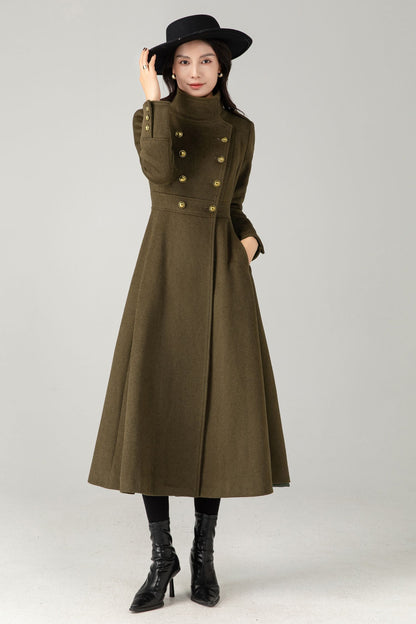 Green Wool Maxi Trench Coat: Double Breasted Long Winter Overcoat C5344