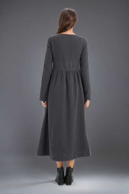 long women winter linen pockets dress C5133