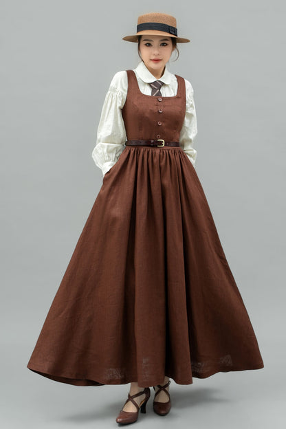 Brown linen Pinafore Maxi Dress C4746