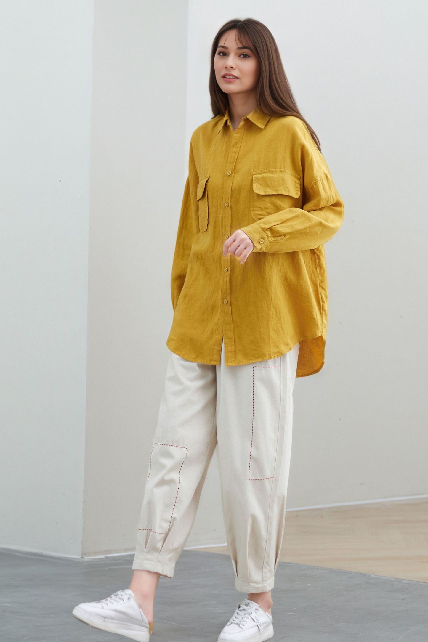 Yellow Linen Oversized Blouse: Women’s Button-Up Shirt with Patch Pockets, Ylistyle C5322