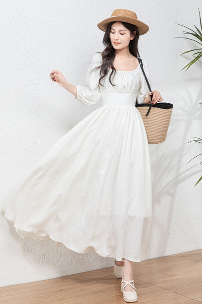 White Linen Swing Dress - Flowy Midi linen Dress C4766