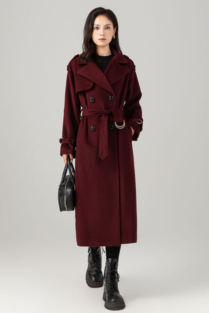 Burgundy wool maxi coat with self tie belt C5280