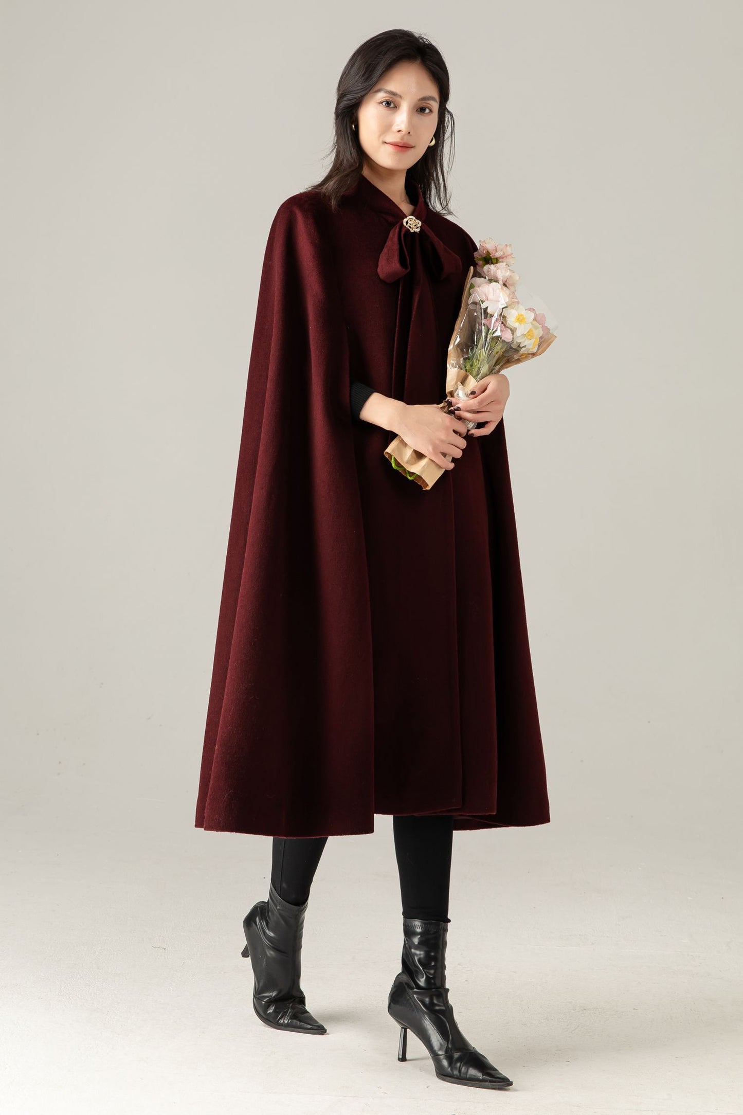 Burgundy Wool Blend Cape Coat: Women Long Winter Cape Outerwear, Ylistyle C5378