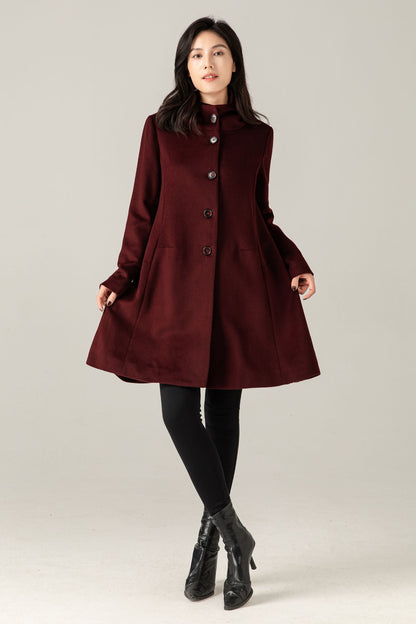 Burgundy Wool Blend Hooded Coat: A-Line Mid-Length Winter Overcoat, Ylistyle C5377