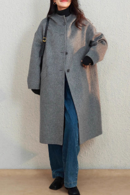 Burgundy hooded loose fitting wool coat C5355