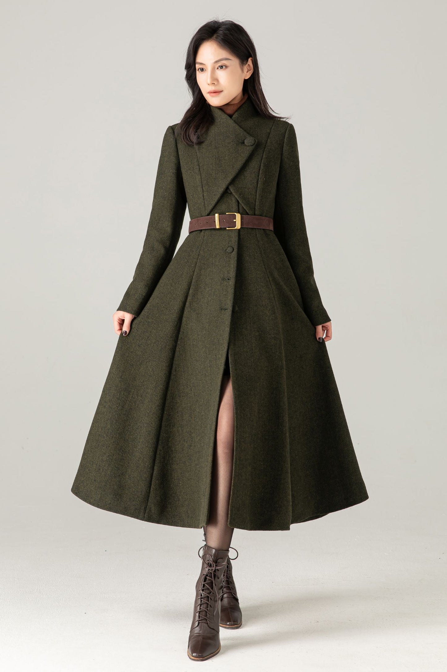 Olive Green Wool Blend Maxi Coat - Fit and Flare with Asymmetric Collar 5373